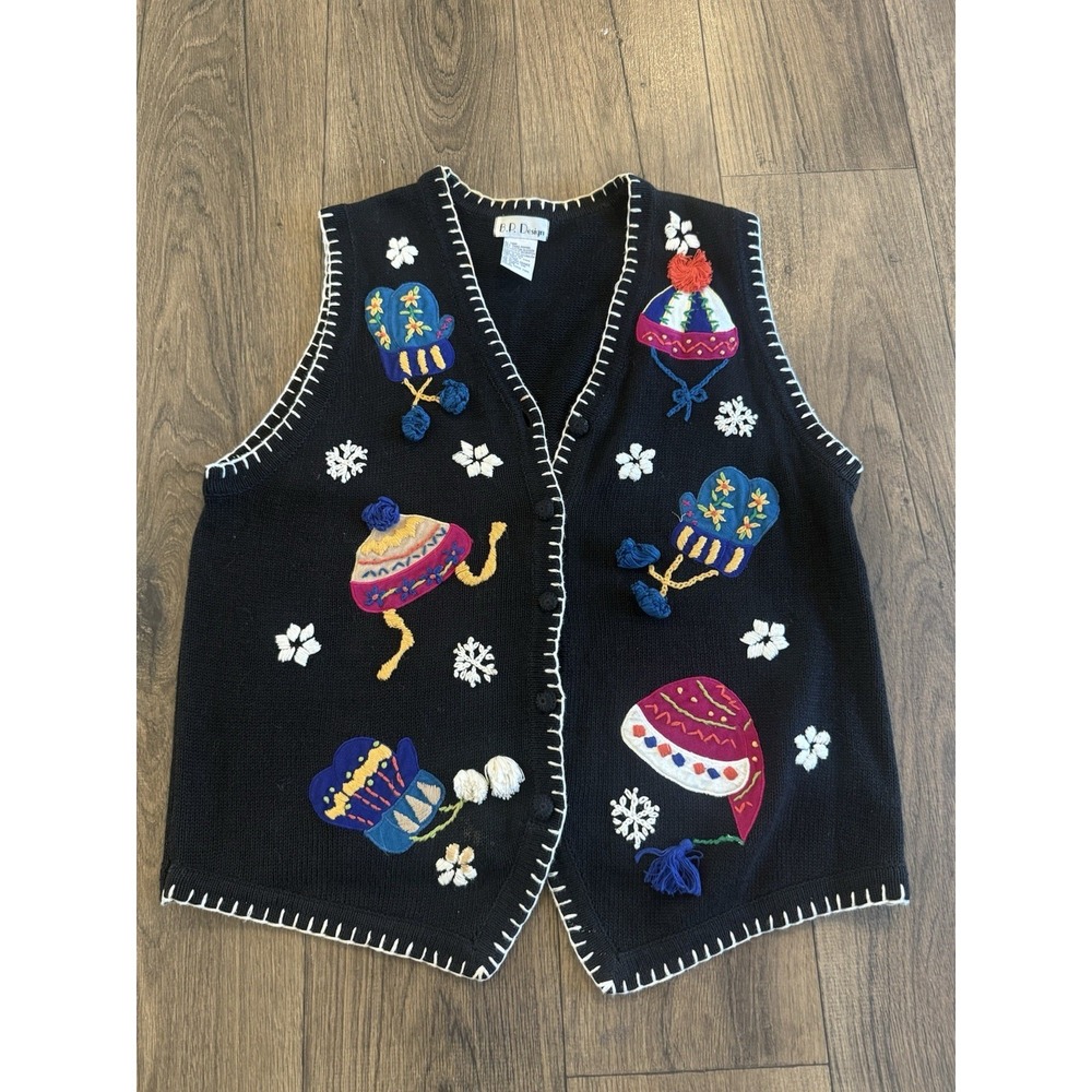 B.P. Design Christmas Sweater Vest Women's XL Winter Hats Mittens Black Knit